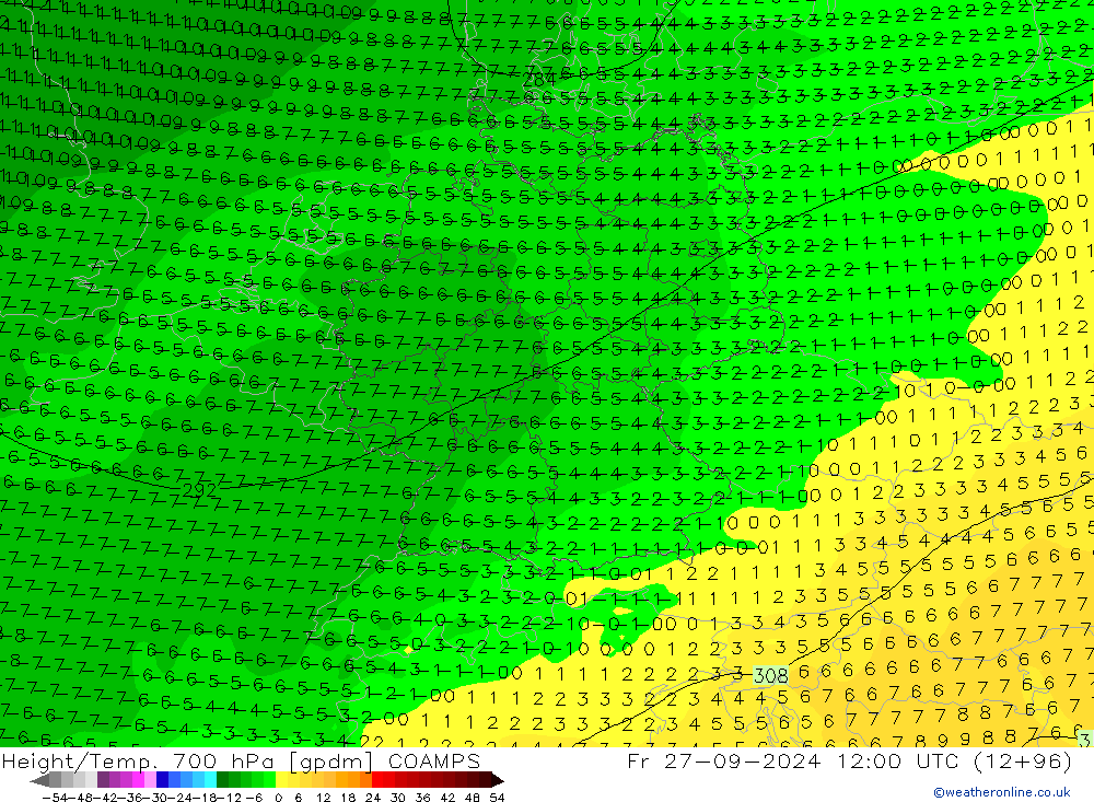 Géop./Temp. 700 hPa COAMPS ven 27.09.2024 12 UTC