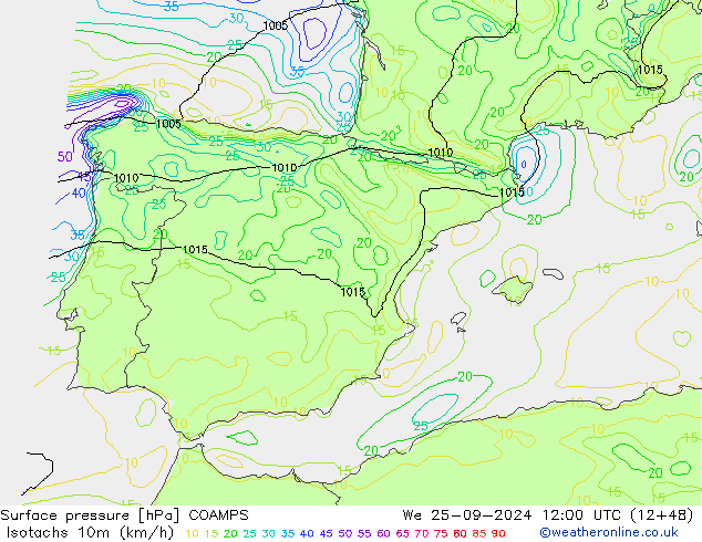 Isotachen (km/h) COAMPS wo 25.09.2024 12 UTC
