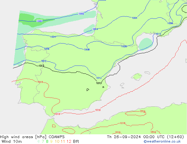 High wind areas COAMPS чт 26.09.2024 00 UTC