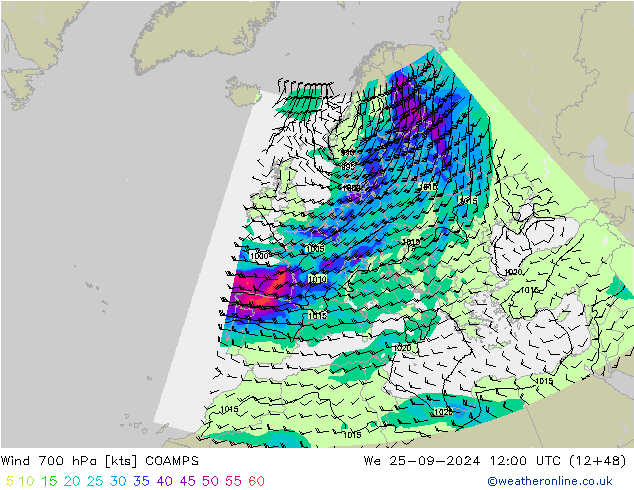 Wind 700 hPa COAMPS Mi 25.09.2024 12 UTC