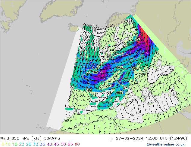 Rüzgar 850 hPa COAMPS Cu 27.09.2024 12 UTC