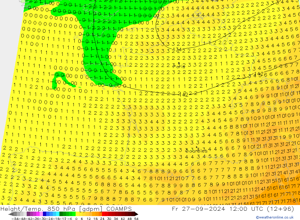 Hoogte/Temp. 850 hPa COAMPS vr 27.09.2024 12 UTC