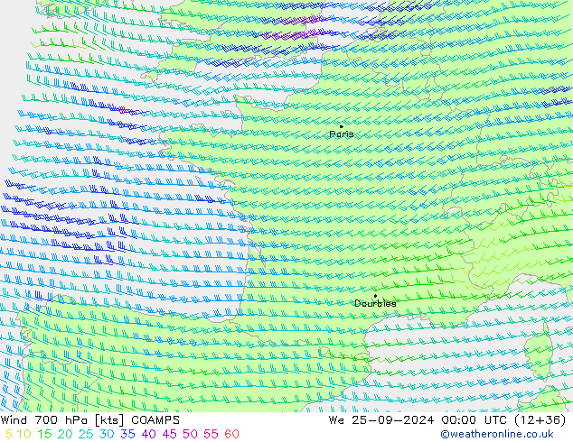 Vento 700 hPa COAMPS Qua 25.09.2024 00 UTC