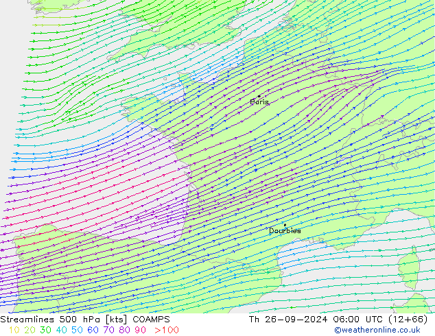 Linea di flusso 500 hPa COAMPS gio 26.09.2024 06 UTC