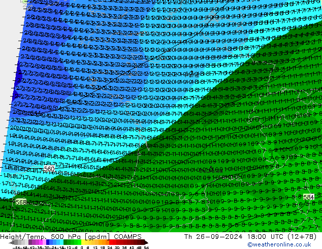 Yükseklik/Sıc. 500 hPa COAMPS Per 26.09.2024 18 UTC