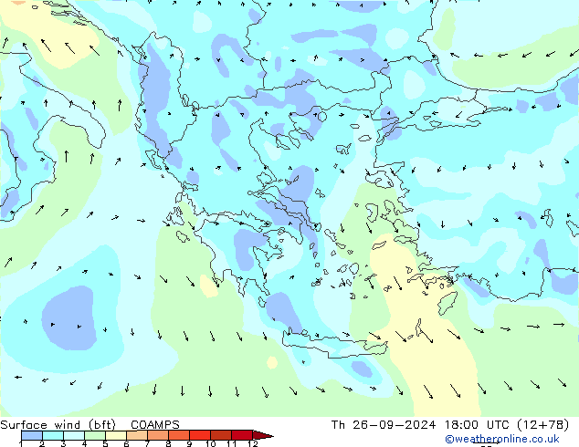 Vento 10 m (bft) COAMPS gio 26.09.2024 18 UTC