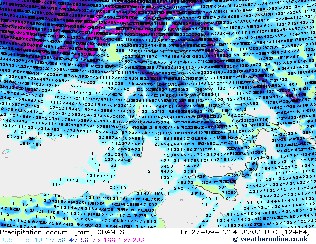 Totale neerslag COAMPS vr 27.09.2024 00 UTC