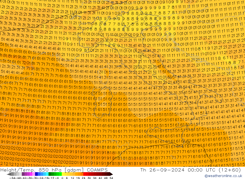 Height/Temp. 850 hPa COAMPS czw. 26.09.2024 00 UTC