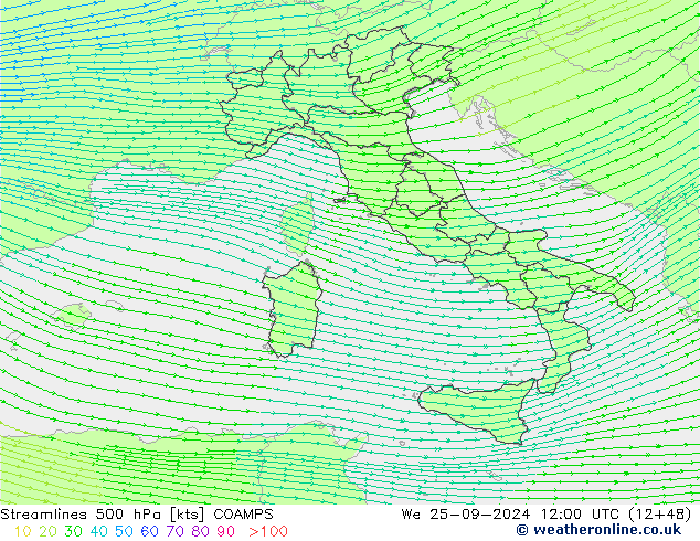 Línea de corriente 500 hPa COAMPS mié 25.09.2024 12 UTC