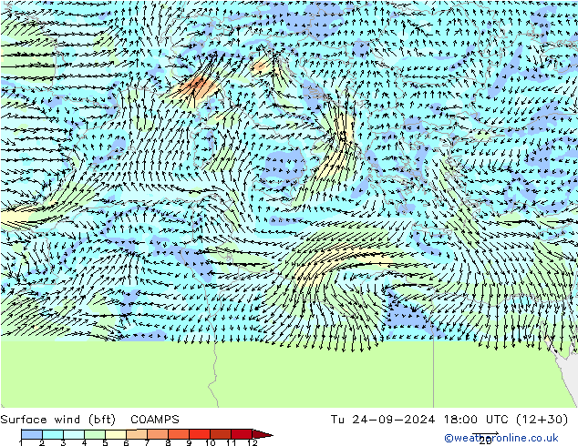 Surface wind (bft) COAMPS Tu 24.09.2024 18 UTC