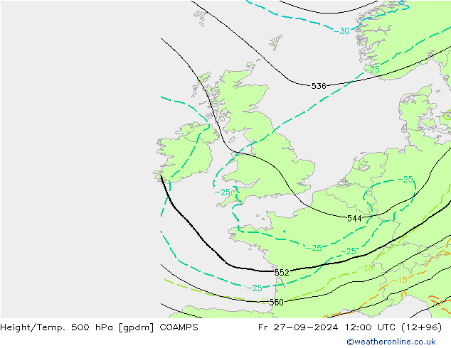 Height/Temp. 500 гПа COAMPS пт 27.09.2024 12 UTC