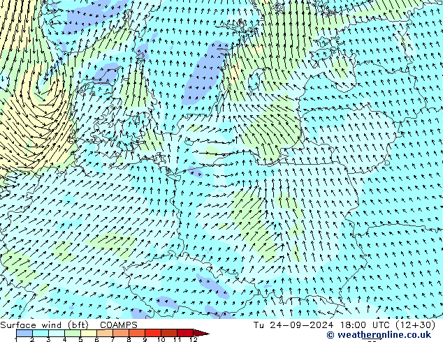 Surface wind (bft) COAMPS Tu 24.09.2024 18 UTC