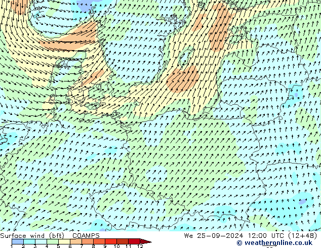 Surface wind (bft) COAMPS We 25.09.2024 12 UTC