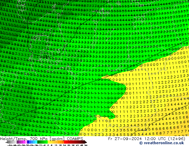 Height/Temp. 700 hPa COAMPS Pá 27.09.2024 12 UTC