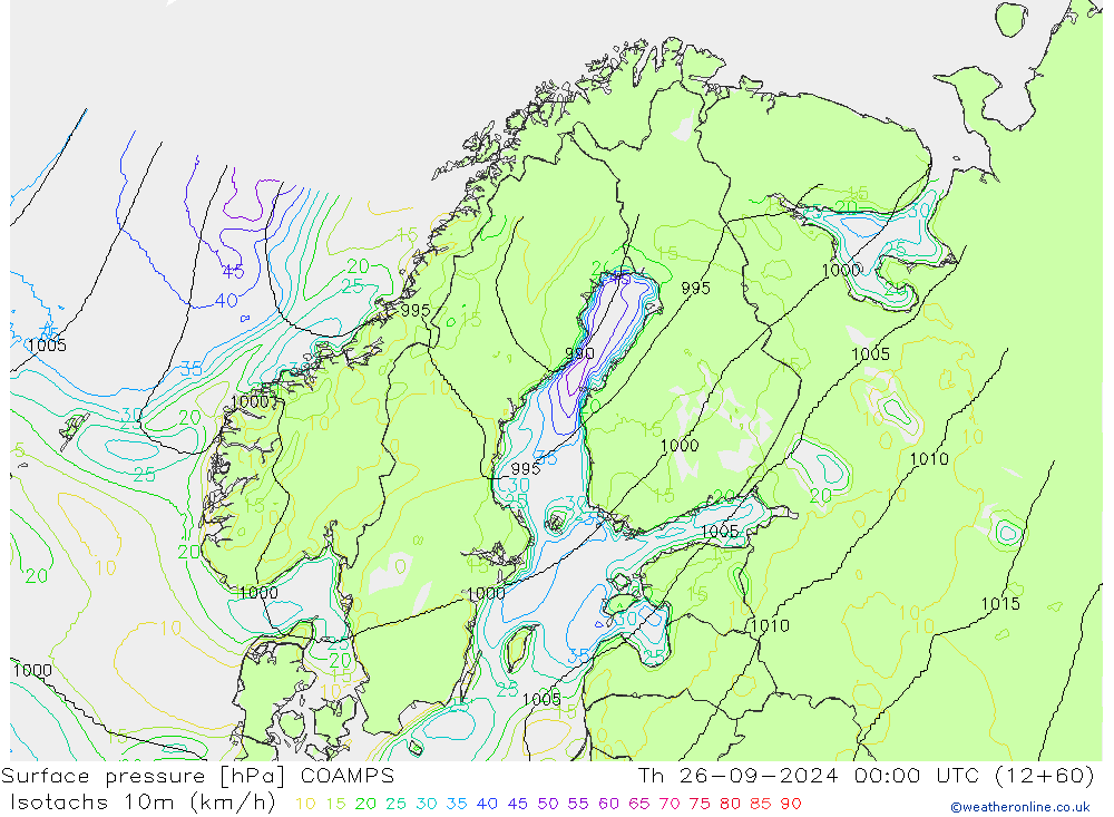 Isotachen (km/h) COAMPS do 26.09.2024 00 UTC