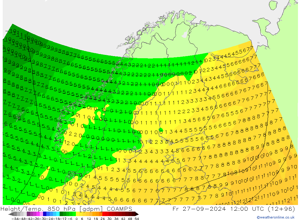 Height/Temp. 850 hPa COAMPS Fr 27.09.2024 12 UTC