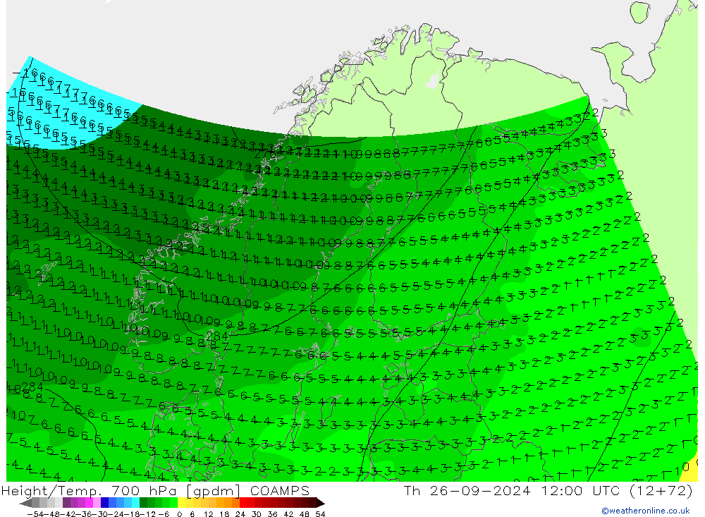 Height/Temp. 700 hPa COAMPS Th 26.09.2024 12 UTC