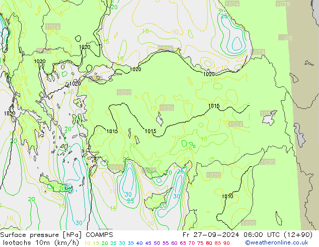 Isotachs (kph) COAMPS ven 27.09.2024 06 UTC