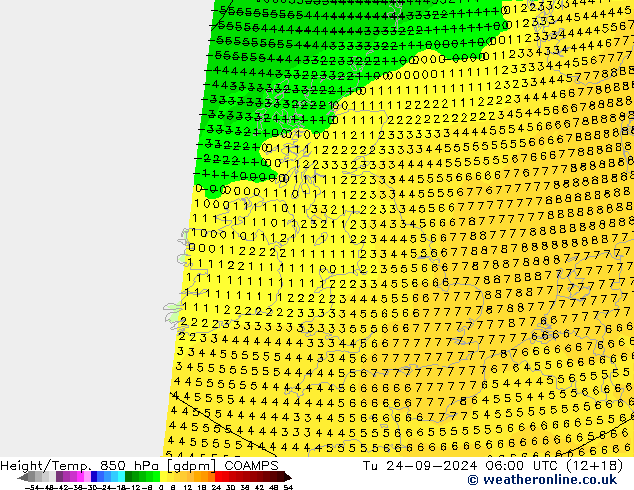 Height/Temp. 850 гПа COAMPS вт 24.09.2024 06 UTC