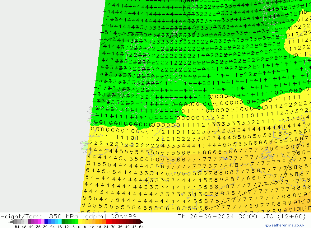 Height/Temp. 850 hPa COAMPS gio 26.09.2024 00 UTC