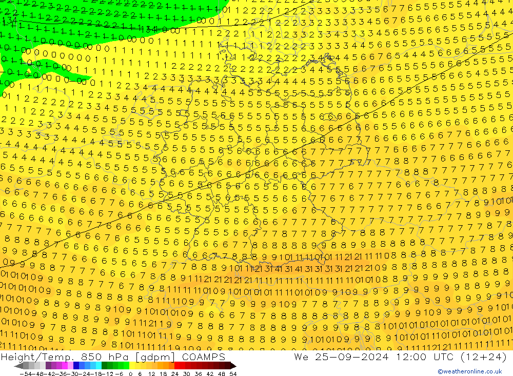 Height/Temp. 850 hPa COAMPS Qua 25.09.2024 12 UTC