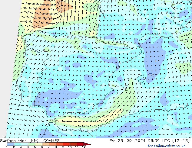 Vent 10 m (bft) COAMPS mer 25.09.2024 06 UTC