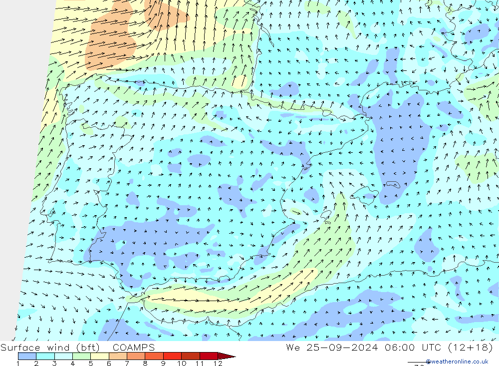 Vento 10 m (bft) COAMPS Qua 25.09.2024 06 UTC