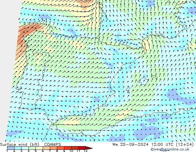 Surface wind (bft) COAMPS We 25.09.2024 12 UTC