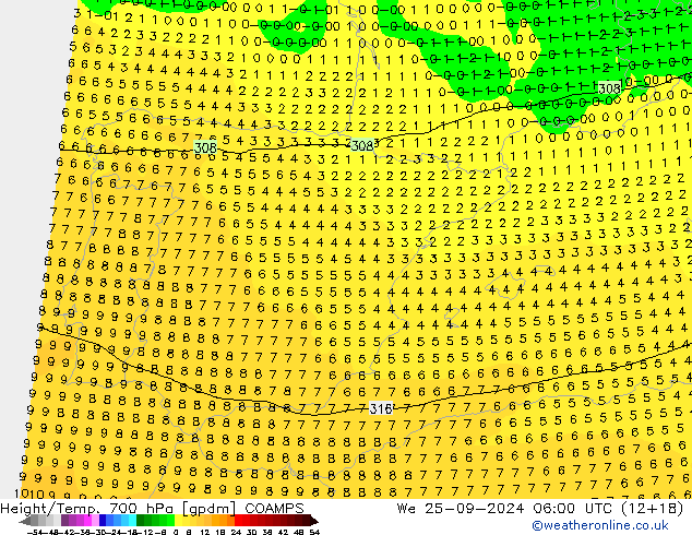 Height/Temp. 700 гПа COAMPS ср 25.09.2024 06 UTC