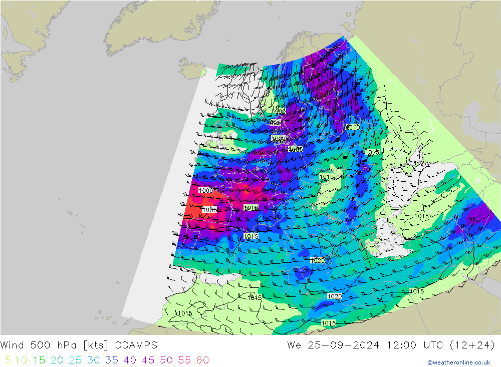 风 500 hPa COAMPS 星期三 25.09.2024 12 UTC