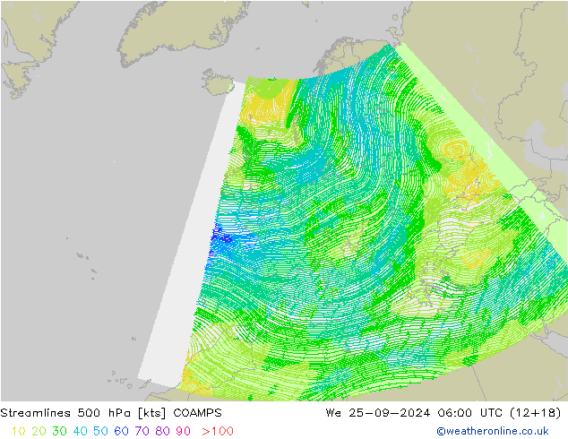 Línea de corriente 500 hPa COAMPS mié 25.09.2024 06 UTC