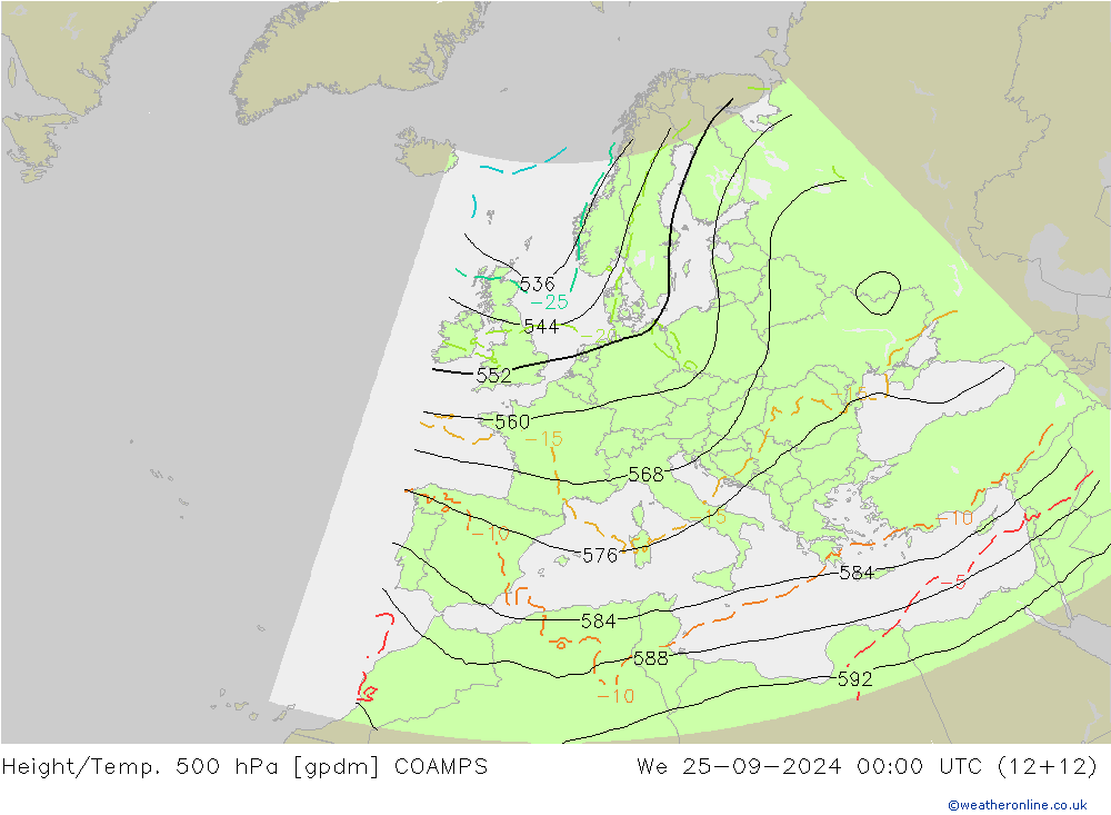 Height/Temp. 500 hPa COAMPS Mi 25.09.2024 00 UTC