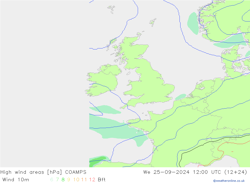 High wind areas COAMPS mer 25.09.2024 12 UTC