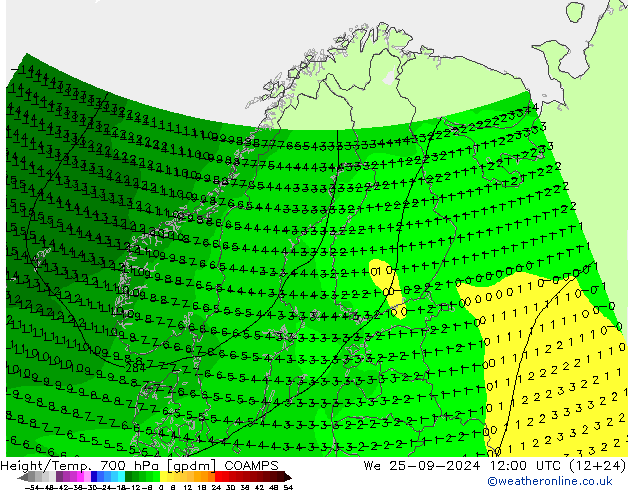 Height/Temp. 700 hPa COAMPS Mi 25.09.2024 12 UTC