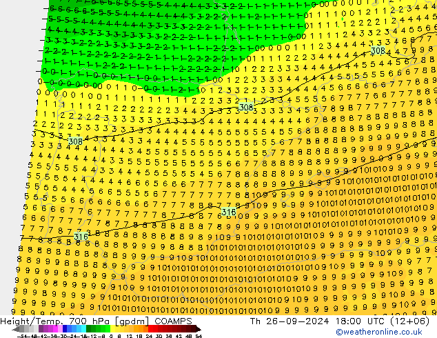 Height/Temp. 700 гПа COAMPS чт 26.09.2024 18 UTC