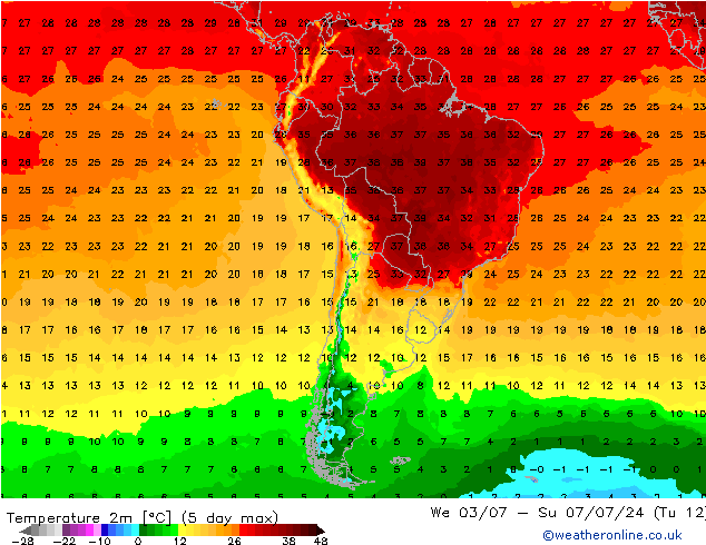 Temperatuurkaart (2m) GFS wo 10.07.2024 12 UTC