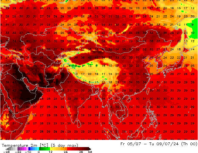 Temperatuurkaart (2m) GFS vr 12.07.2024 00 UTC