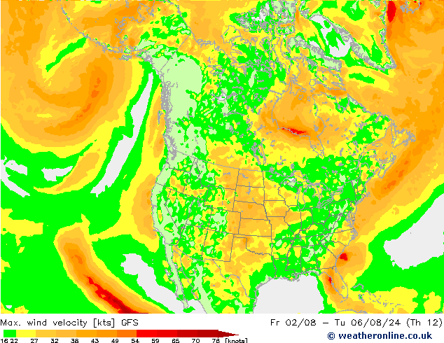 Max. wind velocity GFS 星期六 03.08.2024 12 UTC