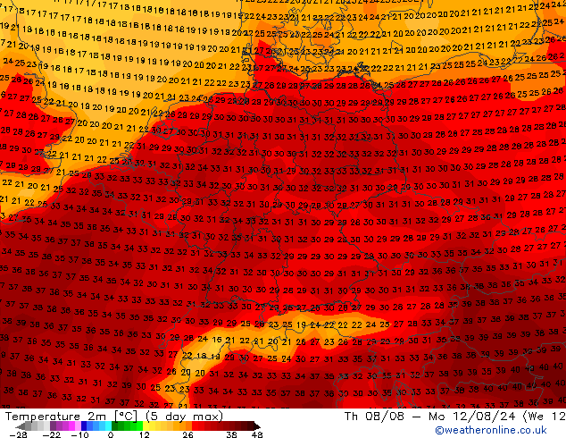 Temperatuurkaart (2m) GFS do 15.08.2024 18 UTC