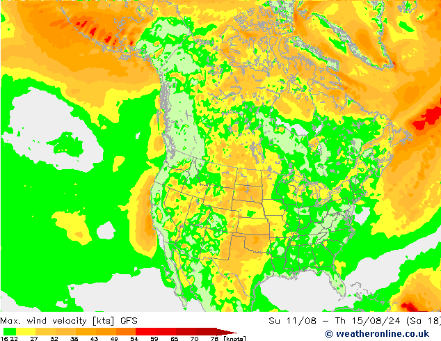 Max. wind velocity GFS 星期三 14.08.2024 06 UTC