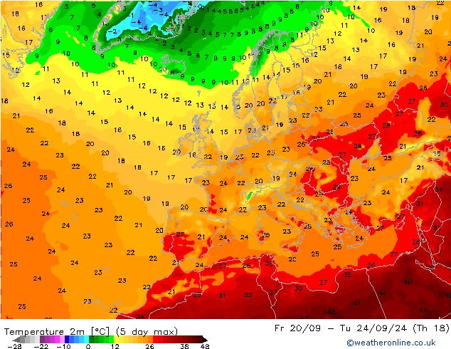 Temperaturkarte (2m) GFS Fr 27.09.2024 18 UTC