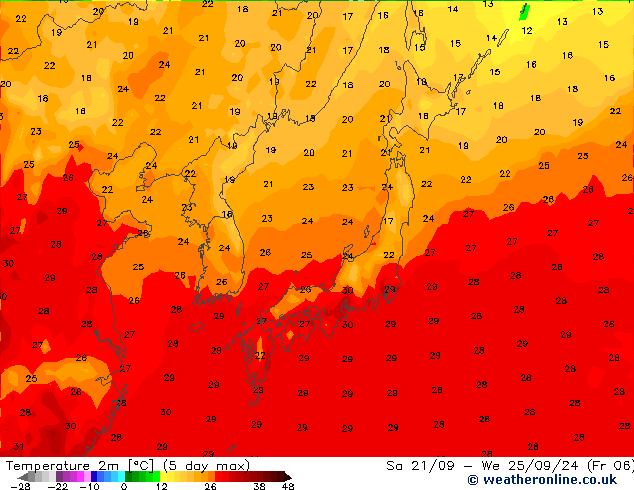 Temperatura (2m) GFS sáb 21.09.2024 09 UTC