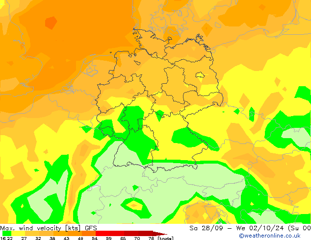 Max. wind velocity GFS 星期日 22.09.2024 03 UTC