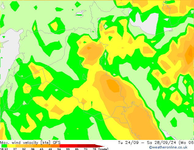 Max. wind snelheid GFS wo 25.09.2024 06 UTC