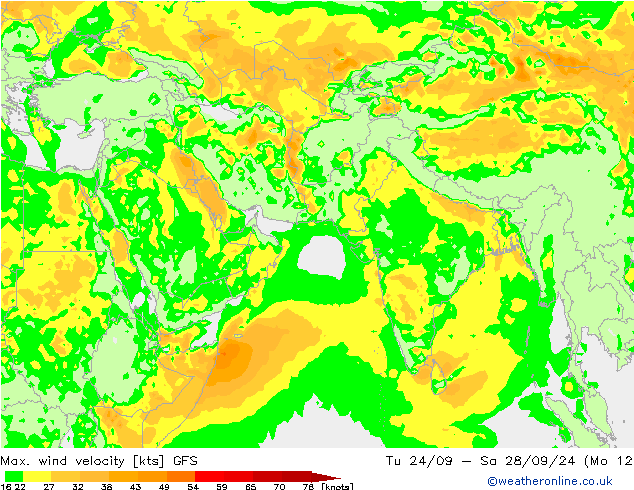 Max. wind velocity GFS mer 25.09.2024 12 UTC