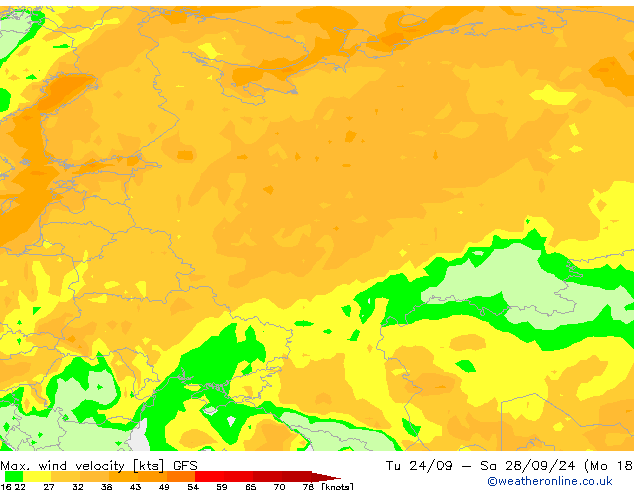 Max. wind velocity GFS пт 27.09.2024 00 UTC