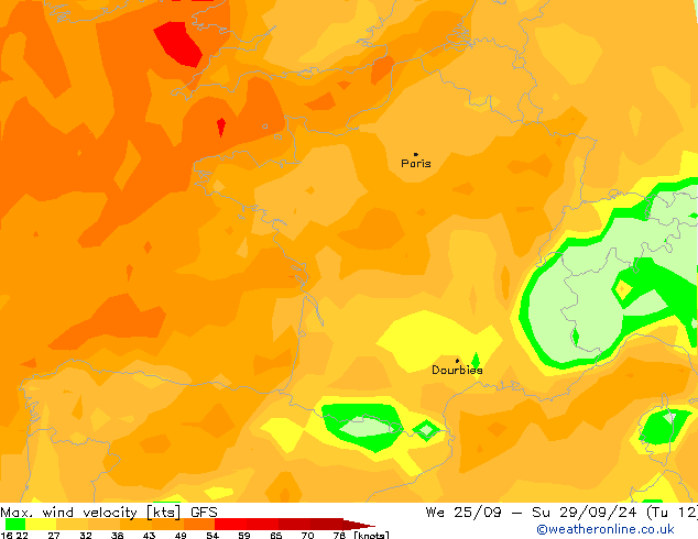 Max. wind velocity GFS Út 24.09.2024 18 UTC