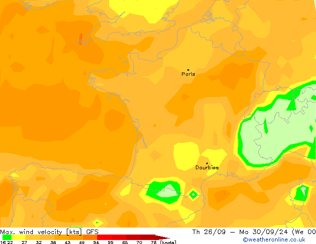 Max. wind velocity GFS mer 25.09.2024 06 UTC