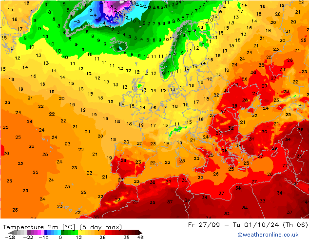 Temperatuurkaart (2m) GFS za 28.09.2024 06 UTC