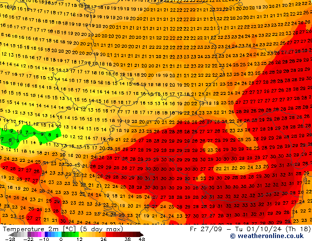 Temperature (2m) GFS Fr 27.09.2024 18 UTC